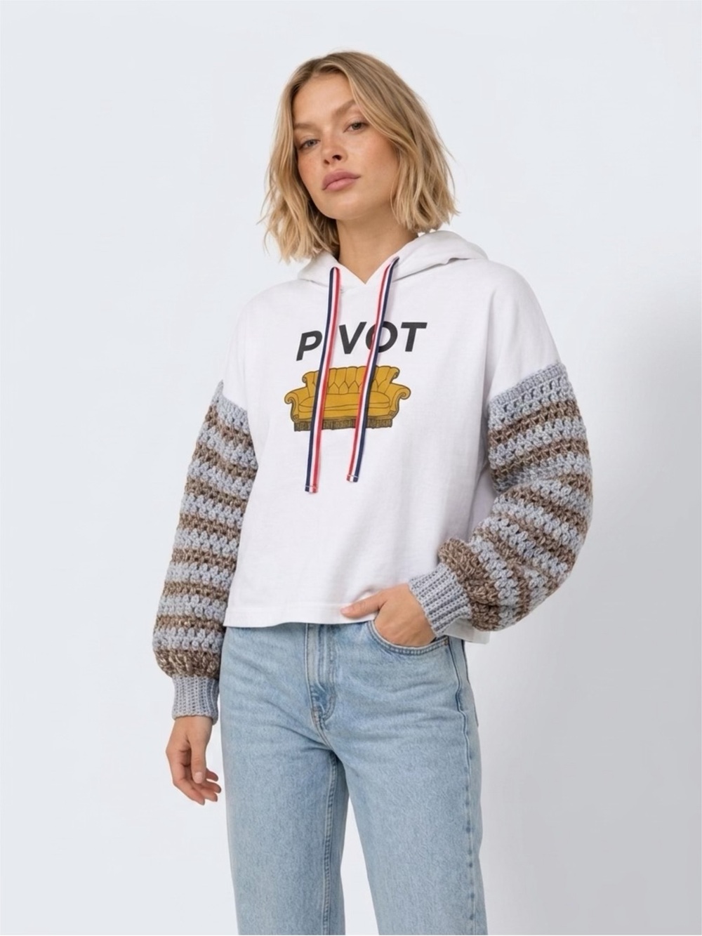 Hand-Crocheted Sleeve “PIVOT” Hoodie – One-of-a-Kind Upcycled Sweatshirt
